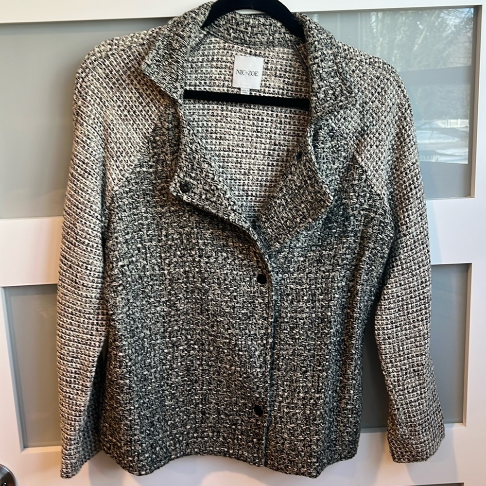 NIC+ZOE Mixing In Jacket Sweater Blazer Petite Small Tweed Woven Black Gray